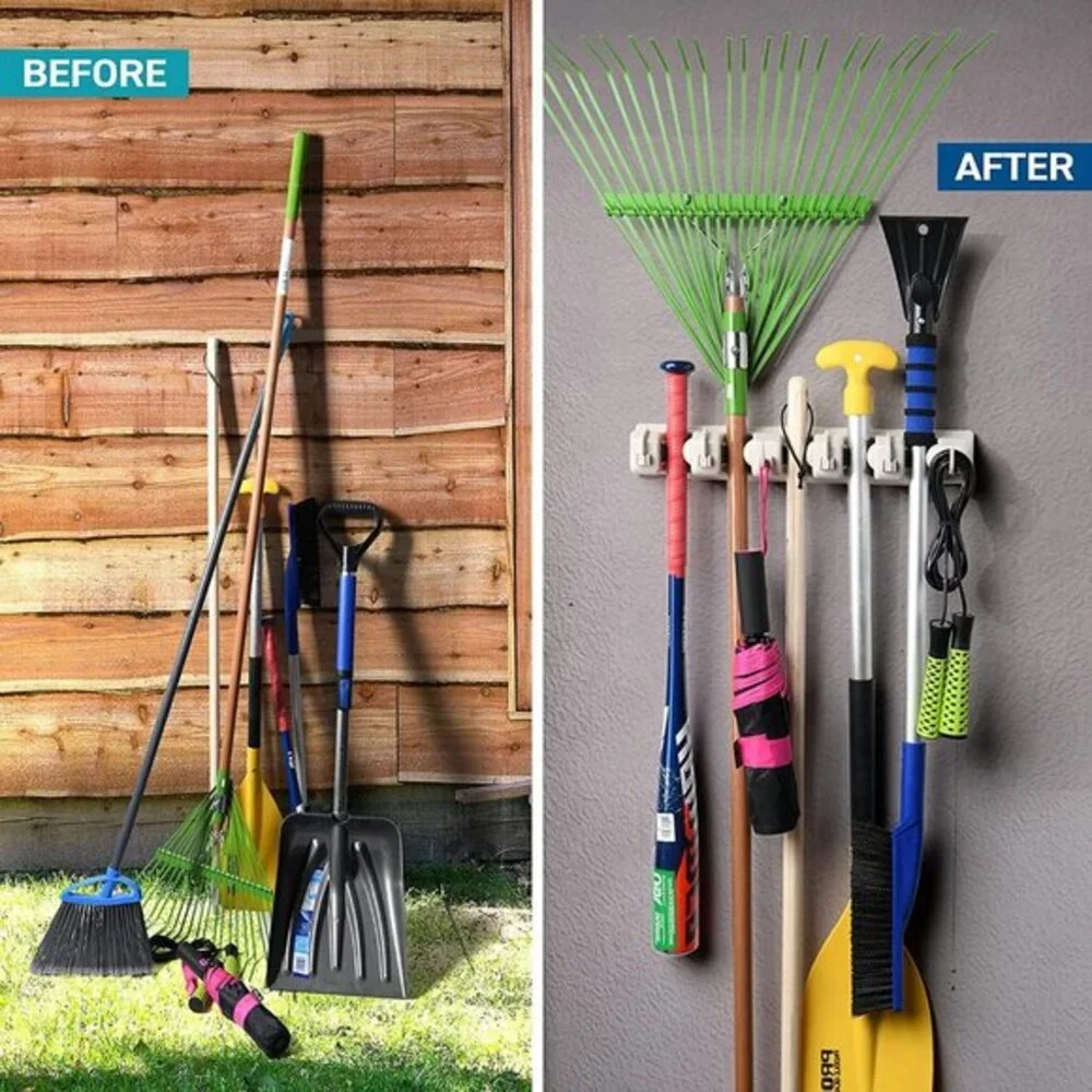 Mop and Broom Holder Wall Mount 2 Pack Garage Storage Organizer with 5‎ Slots